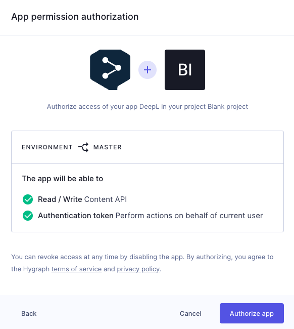 App permission authorization screen - DeepL example