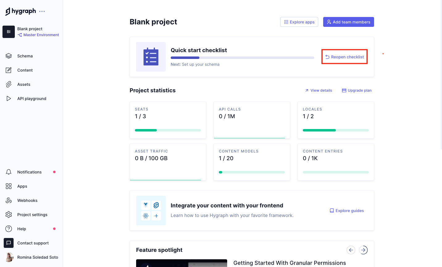 Quick start card in project dashboard