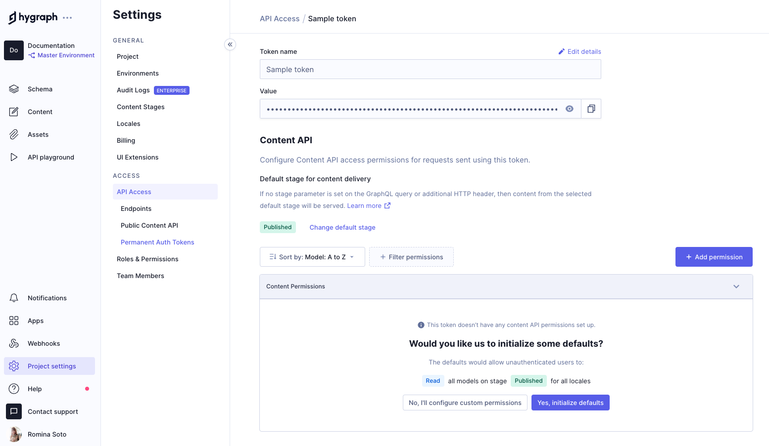 API Access - Token details screen