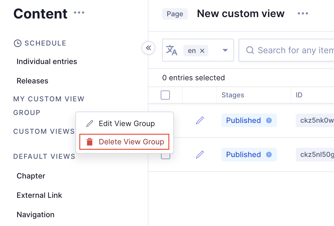 Delete a custom view group